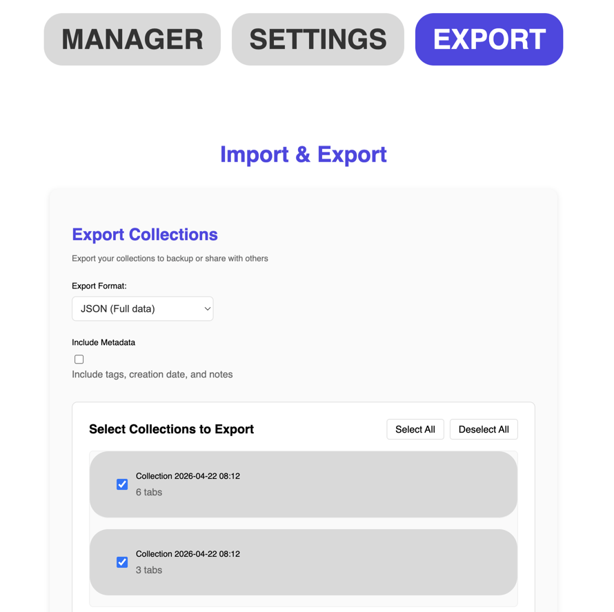 Export Chrome tabs in JSON, CSV, Markdown, TXT formats