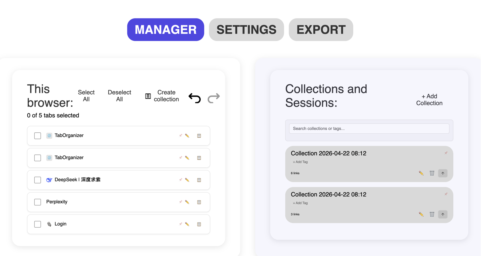 Tab Manager AI collections manager — save and restore browser sessions