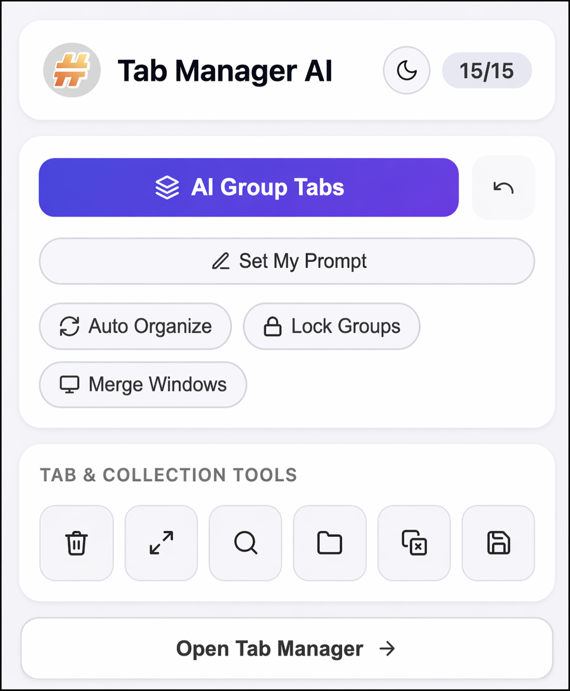 Tab Manager AI Chrome extension popup — AI tab organizer interface